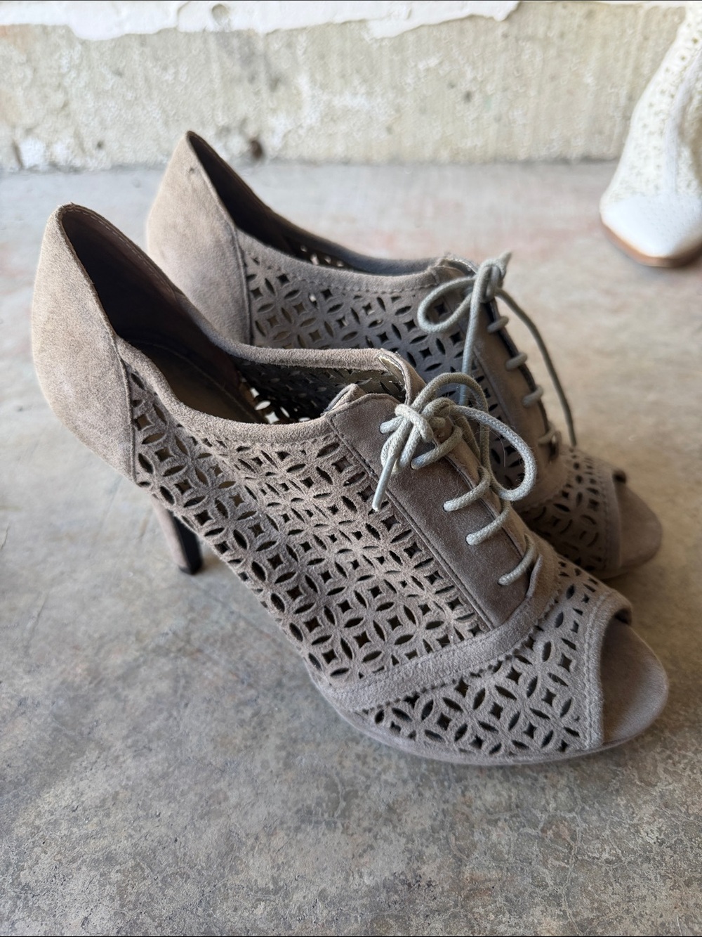 A. Marinelli Taupe Suede Laser-Cut Lace-Up Peep Toe Heels